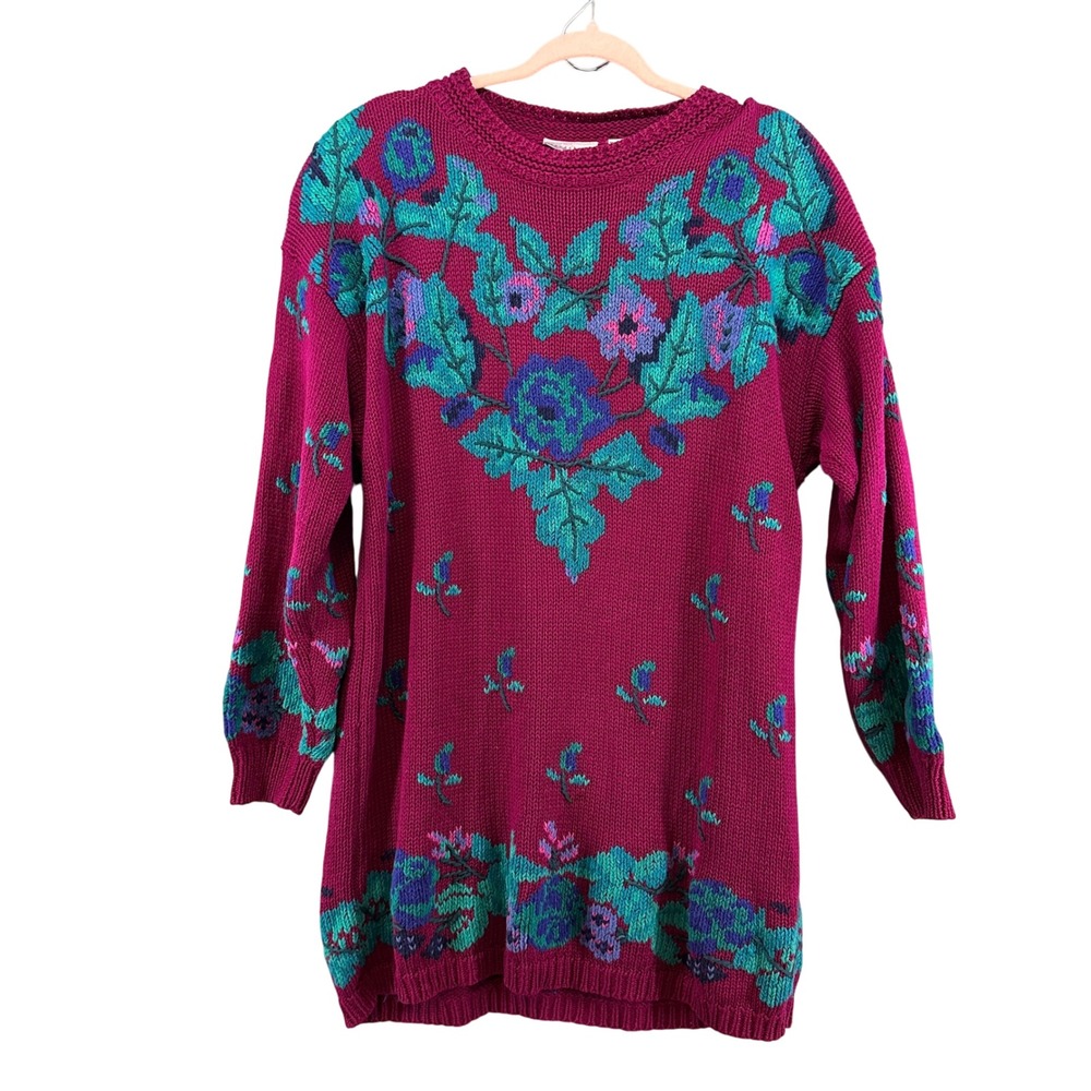 Nordstrom Point‎ of View Vintage Floral Knit Sweater Dress Medium Retro